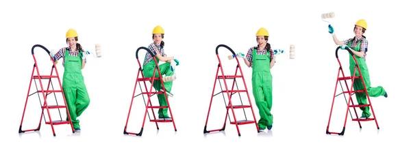 Woman repair worker with ladder — Stock Photo, Image