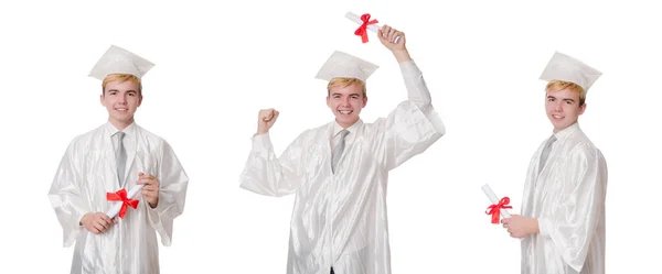 Young male student graduated from high school on white — Stock Photo, Image