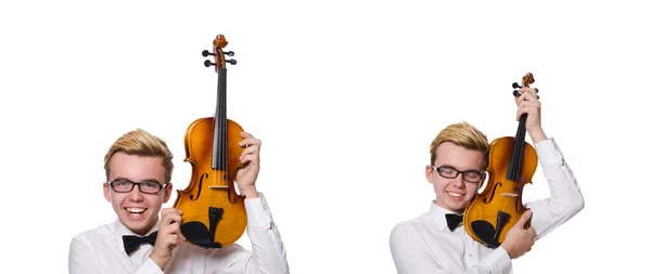 Jovem jogador de violino engraçado isolado no branco — Fotografia de Stock