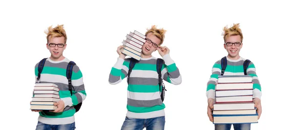 Забавный студент со стопкой книг — стоковое фото