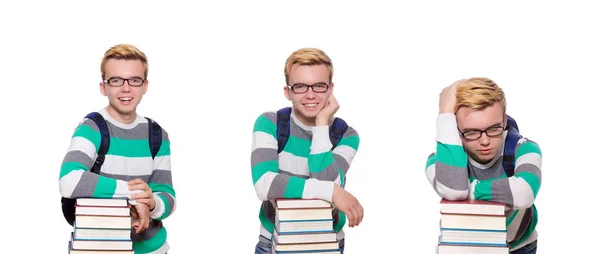 Étudiant drôle avec pile de livres — Photo