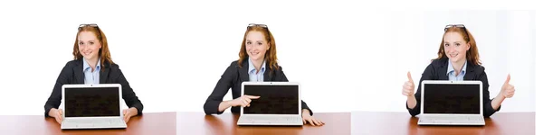 Бізнес-леді з ноутбуком ізольовані на білому — стокове фото