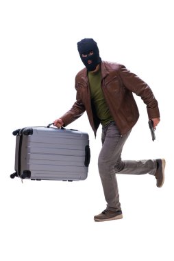 Kar maskesi takan soyguncu beyaz arka planda izole edilmiş.