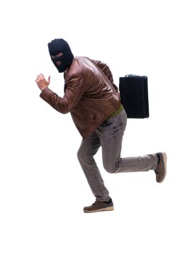 Kar maskesi takan soyguncu beyaz arka planda izole edilmiş.