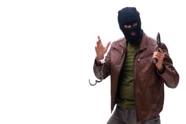 Kar maskesi takan soyguncu beyaz arka planda izole edilmiş.