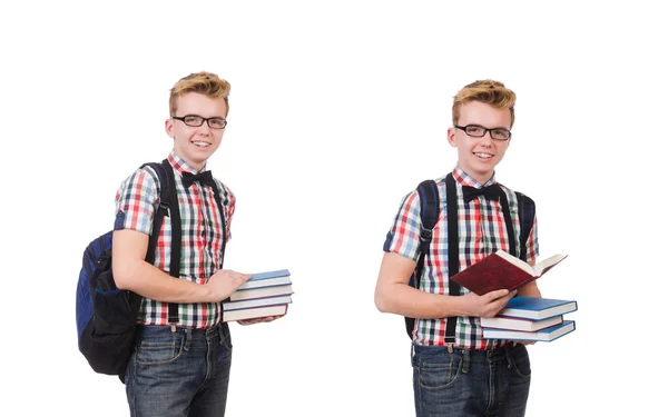 Estudante engraçado com pilha de livros — Fotografia de Stock