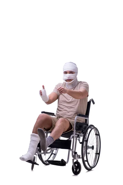 Injured man in wheel-chair isolated on white — Stock Photo, Image