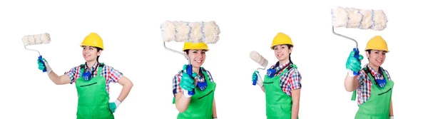 Woman painter with paintbrush on white — Stock Photo, Image