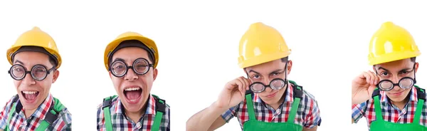 Funny trabajador de la construcción aislado en blanco — Foto de Stock