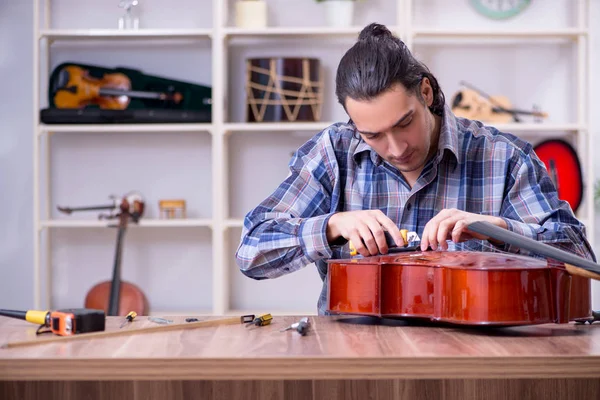 Jovem e bonito reparador reparar violoncelo — Fotografia de Stock