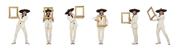 Divertido mexicano en traje sosteniendo marco de fotos aislado en blanco — Foto de Stock