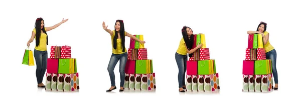 Donna con shopping bags isolata su bianco — Foto Stock