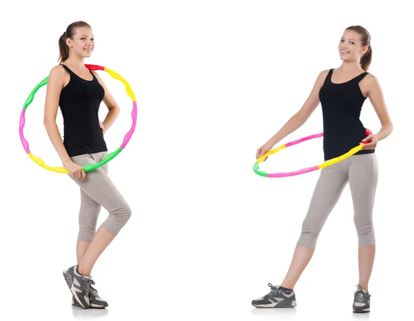 Junge Frau mit Hula-Hoop-Reifen isoliert auf weiß — Stockfoto