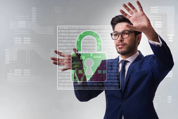 L'uomo nel concetto di sicurezza digitale premendo il pulsante — Foto Stock