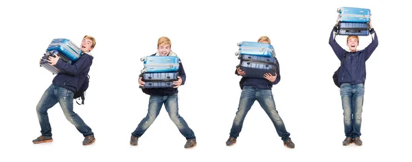 Homme drôle avec des bagages sur blanc — Photo