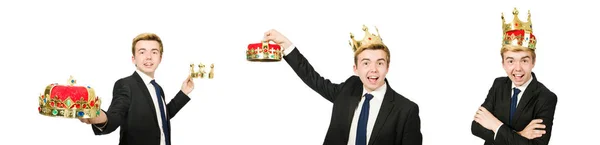 Empresário com coroa isolada em branco — Fotografia de Stock