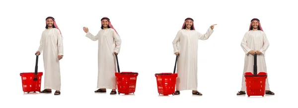 Homem árabe fazendo compras isolado no branco — Fotografia de Stock