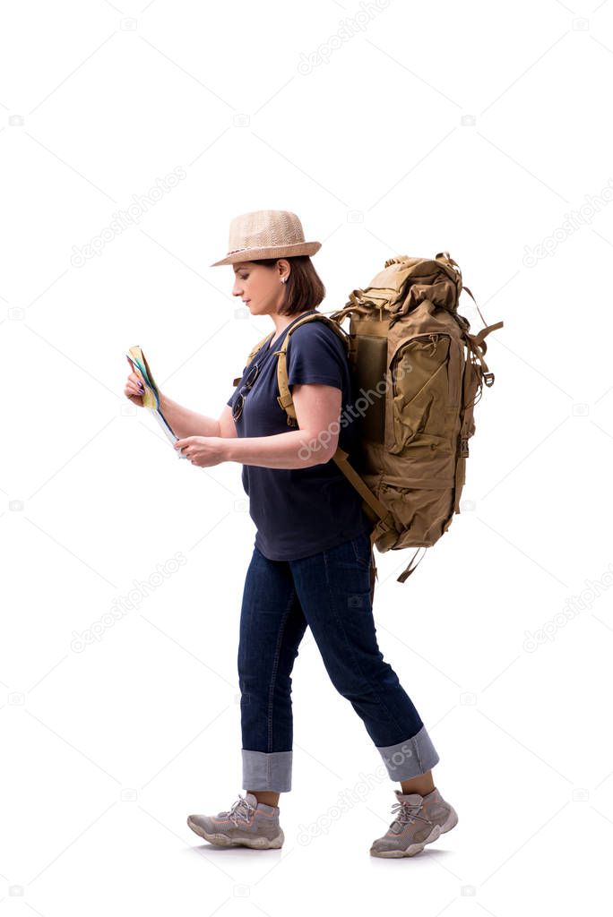 Aged female tourist isolated on white