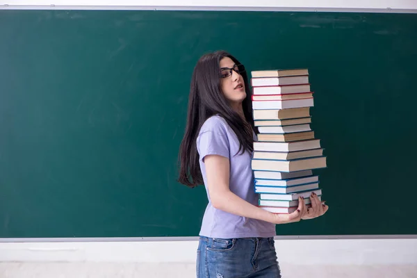 緑のボードの前で若い女性教師の学生 — ストック写真