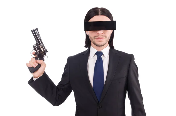 Junger Mann mit schwarzer Gesichtsmaske auf weißem Hintergrund — Stockfoto