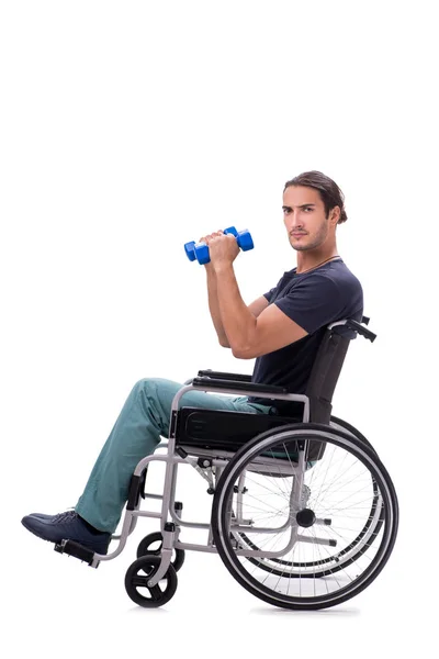 Jovem deficiente fazendo exercícios físicos isolados em branco — Fotografia de Stock