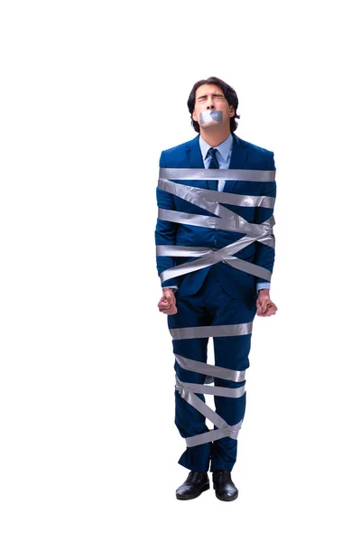 Svázaný zaměstnanec s páskou na ústech izolované na bílém — Stock fotografie