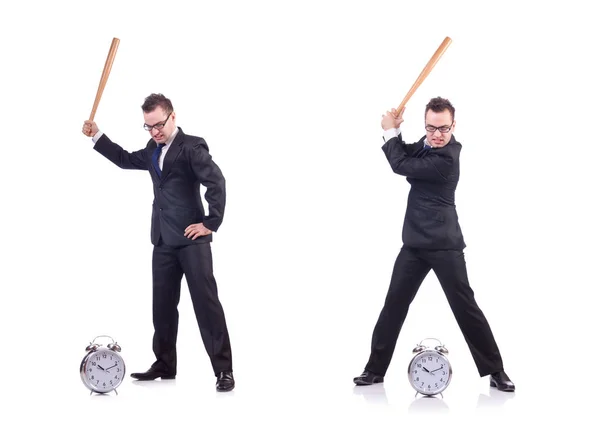 Man hitting the clock with baseball bat isolated on the white — Stock Photo, Image