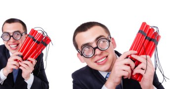 Dinamiti olan bir iş adamı beyazda izole edilmiş.