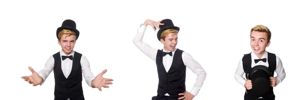 Junger Mann in schwarzer klassischer Weste und Hut isoliert auf weißem Grund — Stockfoto