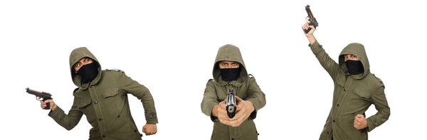 Человек в маске в криминальной концепции на белом