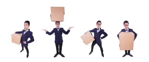 Funny man with box on white — Stock Photo, Image