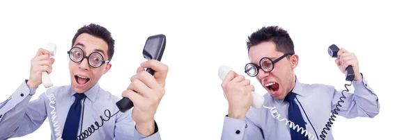 Homem louco com telefone no branco — Fotografia de Stock