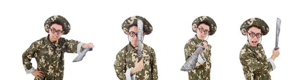 Soldat drôle avec couteau sur blanc — Photo