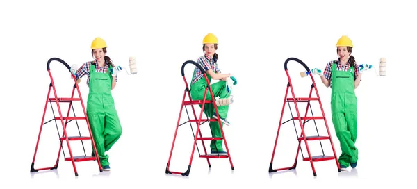 Woman repair worker with ladder — Stock Photo, Image