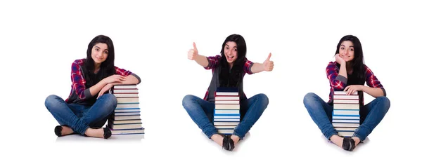 Jovem estudante com livros isolados em branco — Fotografia de Stock