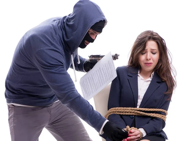 The gunman forcing a woman — Stock Photo, Image