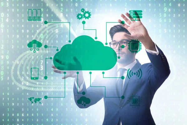 Cloud computing concept with woman pressing buttons — Stock Photo, Image
