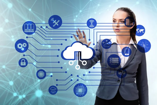 Cloud computing concept met vrouw op knoppen — Stockfoto