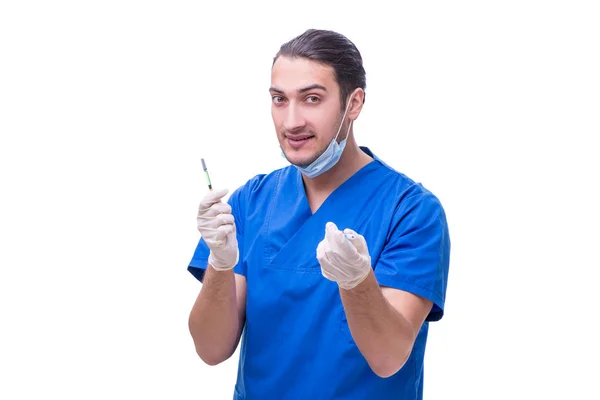 年轻英俊的医生用白色的注射器隔离注射器 — 图库照片