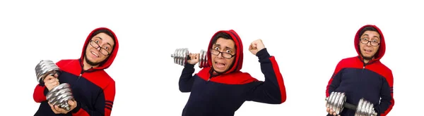 Young man with dumbbells isolated on white — Stock Photo, Image