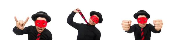 Jeune homme avec masque rouge isolé sur blanc — Photo