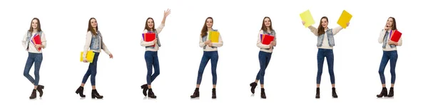 Bastante estudiante sosteniendo libros de texto aislados en blanco —  Fotos de Stock