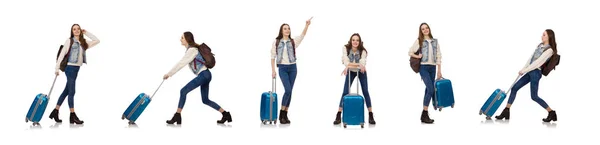 Young smiling girl with bag isolated on white — Stock Photo, Image