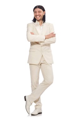 Beyazda izole edilmiş komik bir adam.