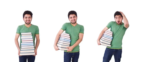 Estudiante con muchos libros sobre blanco —  Fotos de Stock