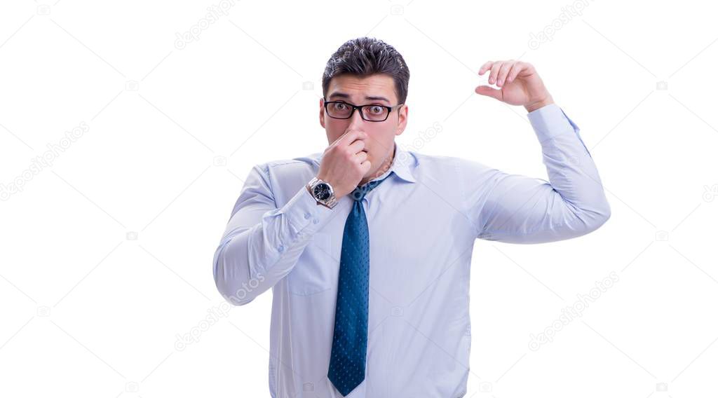 Businessman sweating excessively smelling bad isolated on white
