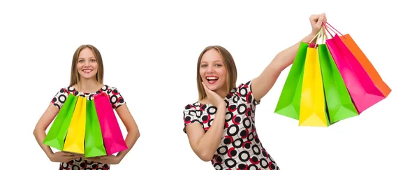 Young woman after shopping isolated on the white — Stock Photo, Image