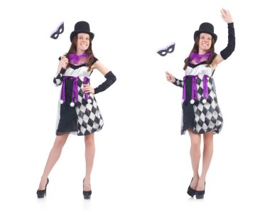 Soytarı kostüm üzerine beyaz izole maskesi ile güzel kız