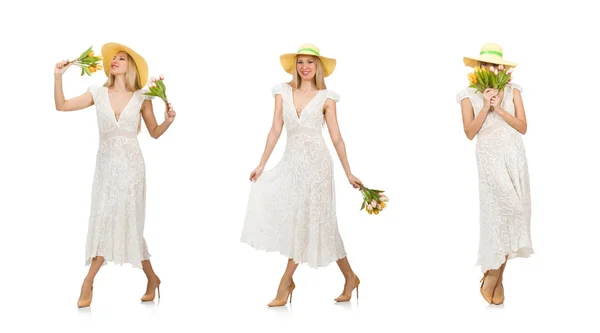 Vrouw in jurk in mode jurk geïsoleerd op wit — Stockfoto