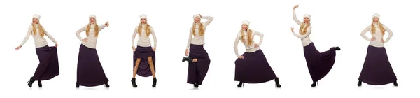 Csinos lány lila hosszú ruha elszigetelt fehér — Stock Fotó